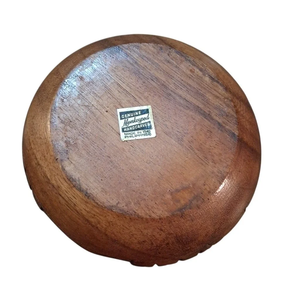 Vtg Genuine Monkeypod Handcarved Design Wood Bowl Planter Fluted Opening 4